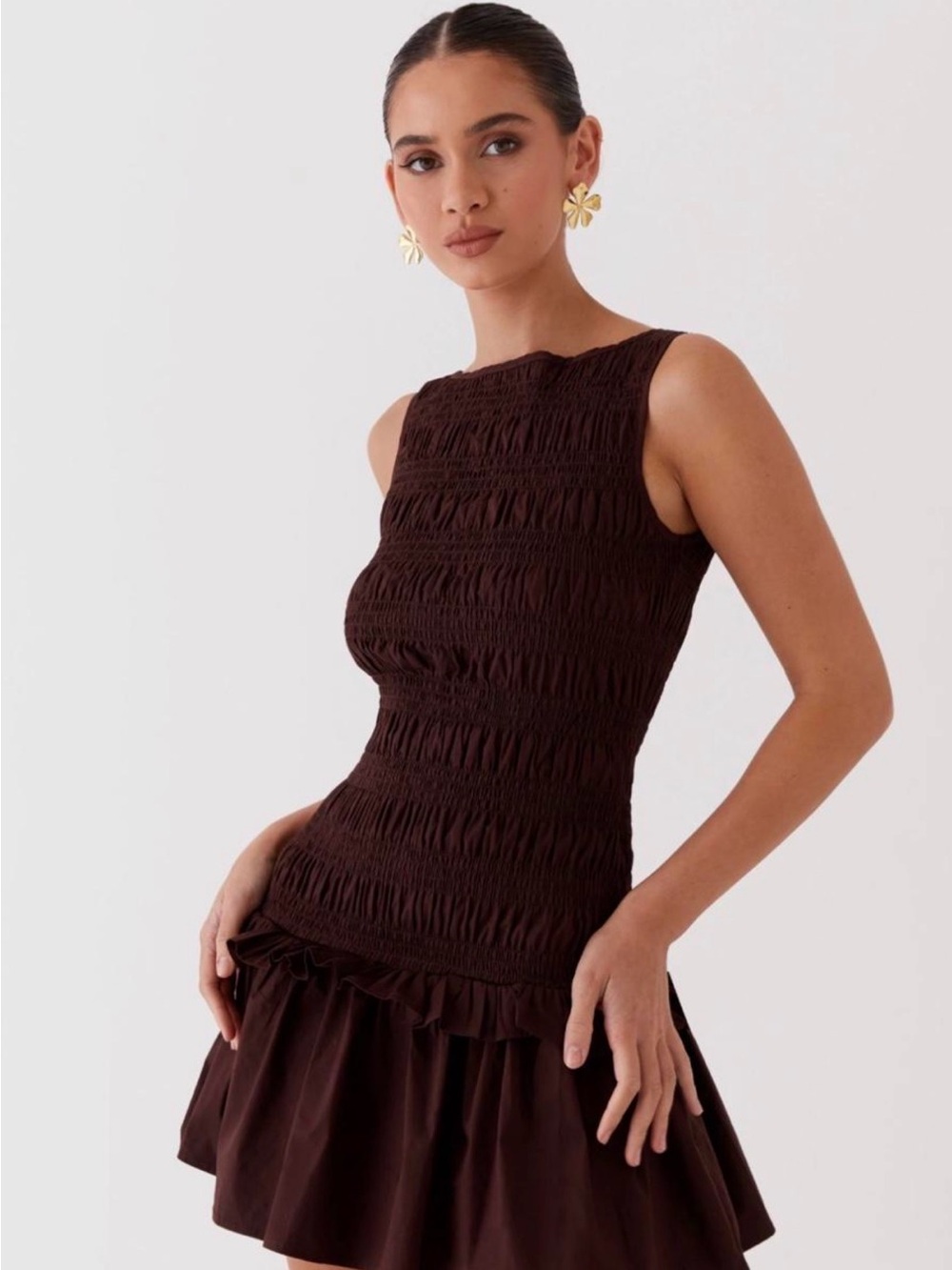 Peppermayo Garden Kisses Shirred Mini Dress - Chocolate Size US 2 Brown Smocked